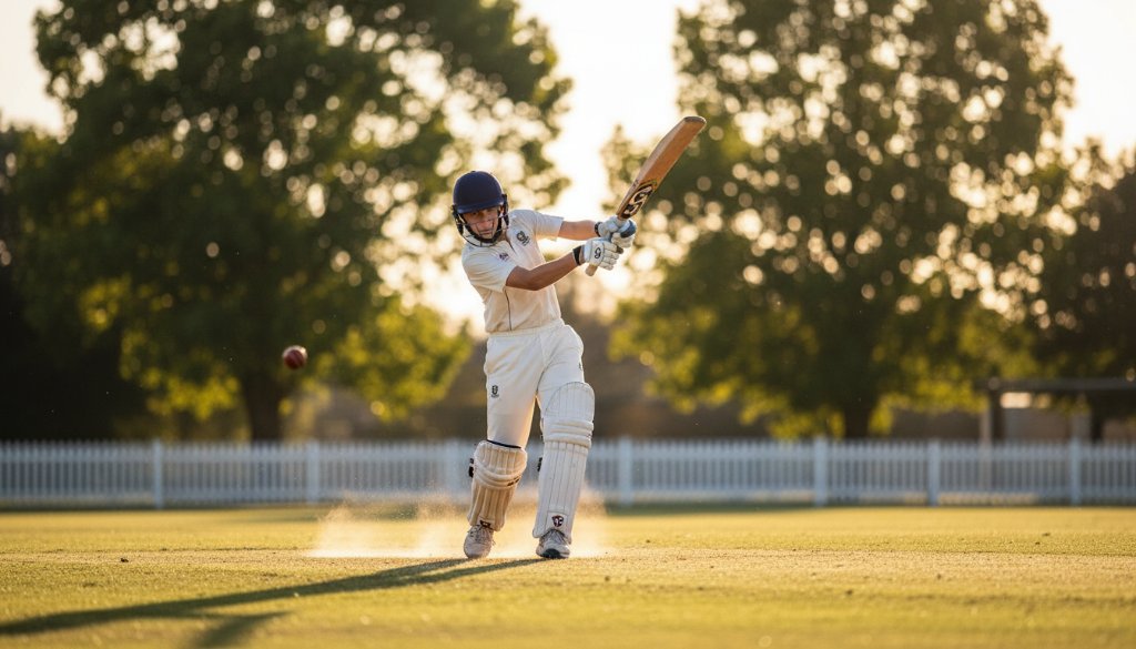 An exhilarating, low-angle shot of a junior cricketer mid-swing, captured during a sunny afternoon match in Tooradin, Victoria, perfectly illustrating Capturing dynamic junior sports photography Tooradin with dramatic backlighting and a blurred background.