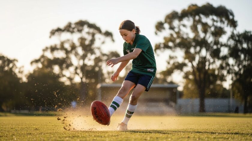 An epic moment of a young athlete in full stride, kicking a football on a sun-drenched oval in Kialla, Victoria, perfectly showcasing dynamic Kialla junior sports photography.