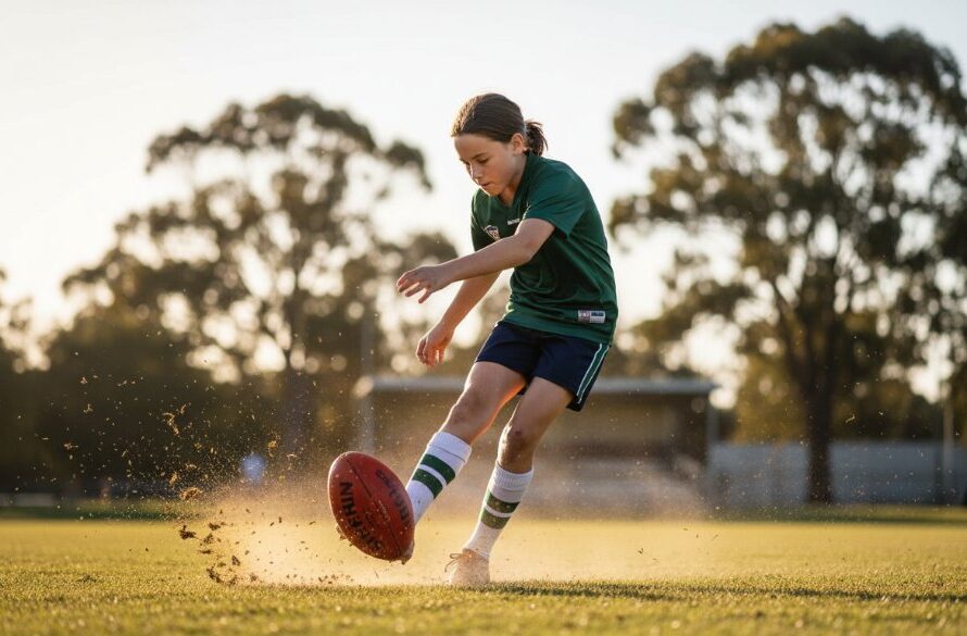 An epic moment of a young athlete in full stride, kicking a football on a sun-drenched oval in Kialla, Victoria, perfectly showcasing dynamic Kialla junior sports photography.