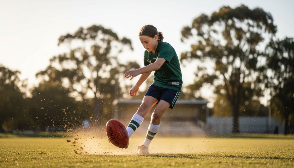 An epic moment of a young athlete in full stride, kicking a football on a sun-drenched oval in Kialla, Victoria, perfectly showcasing dynamic Kialla junior sports photography.