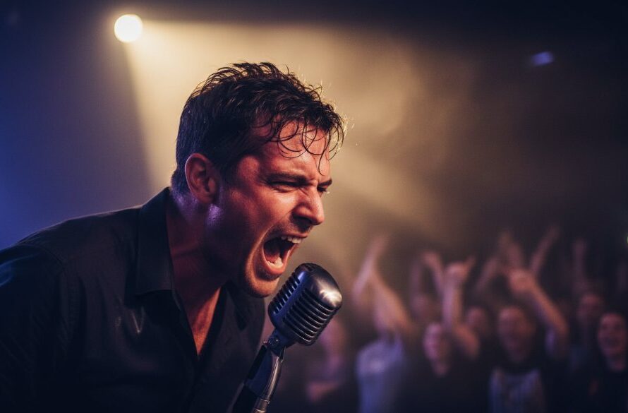 A vibrant, dramatic close-up shot of a lead guitarist in full rock concert fervour, bathed in dynamic blue and red stage lights, performing at a historic venue in Colac, perfectly capturing dynamic live music Colac concert photography with incredible energy.