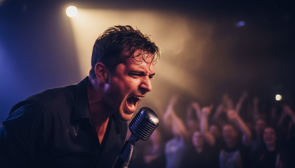 A vibrant, dramatic close-up shot of a lead guitarist in full rock concert fervour, bathed in dynamic blue and red stage lights, performing at a historic venue in Colac, perfectly capturing dynamic live music Colac concert photography with incredible energy.