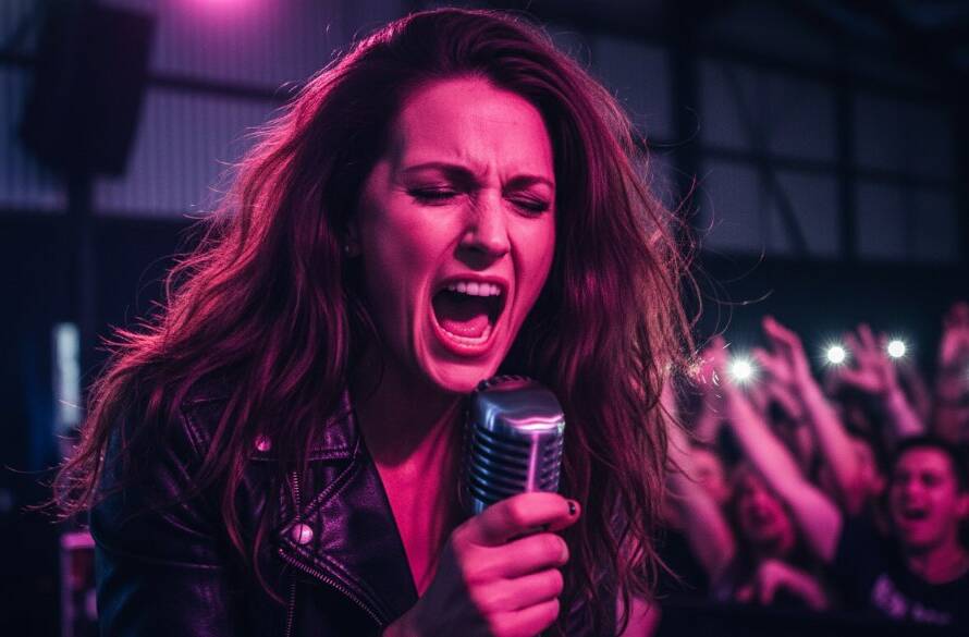 An electrifying close-up shot capturing dynamic live music moments Dandenong South, featuring a lead guitarist bathed in dramatic stage lighting, mid-solo, with hands blurred in motion, against a vibrant, energetic crowd background. The image has a cinematic, high-contrast look, perfectly encapsulating an epic concert climax.