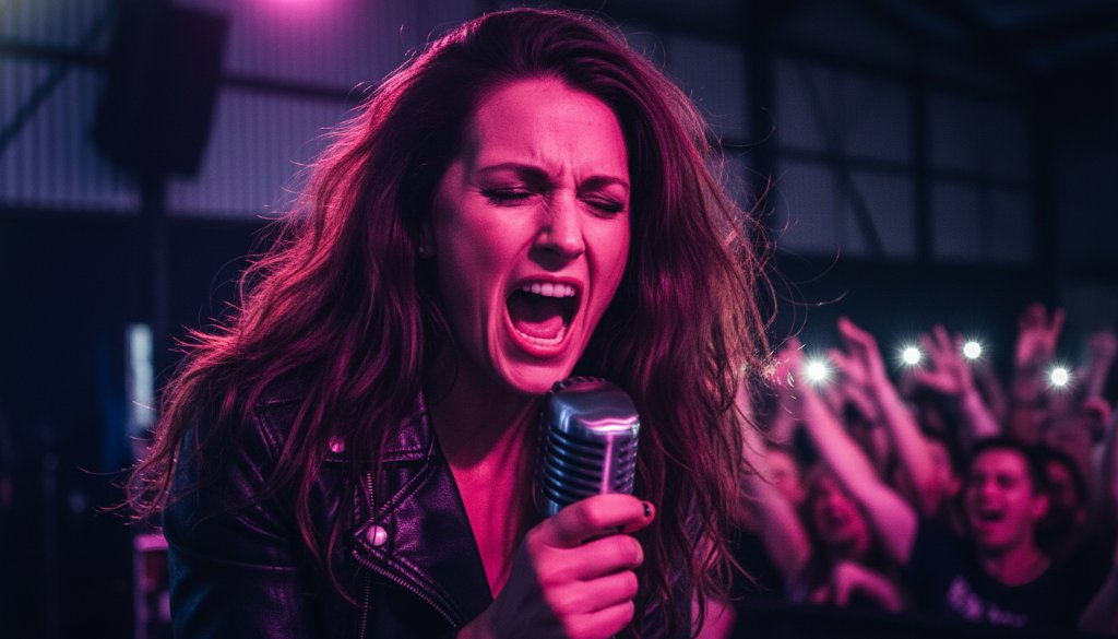 An electrifying close-up shot capturing dynamic live music moments Dandenong South, featuring a lead guitarist bathed in dramatic stage lighting, mid-solo, with hands blurred in motion, against a vibrant, energetic crowd background. The image has a cinematic, high-contrast look, perfectly encapsulating an epic concert climax.