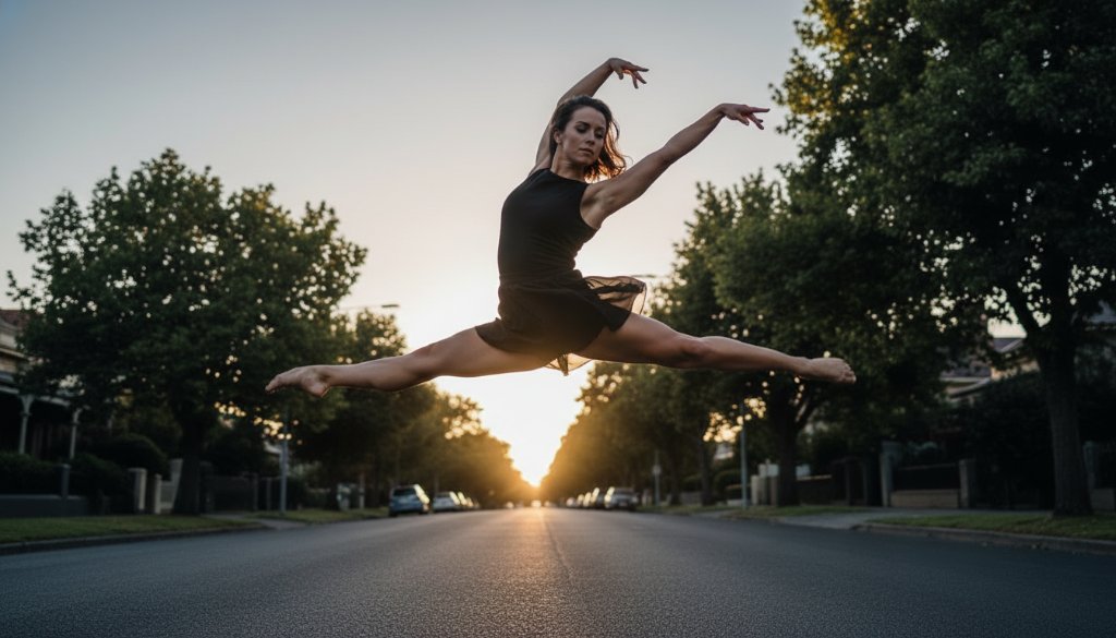 An epic moment of a contemporary dancer captured during a dynamic Mont Albert dance photography session, mid-air in a powerful leap, silhouetted against a dramatic sunset glow near a heritage Mont Albert park.