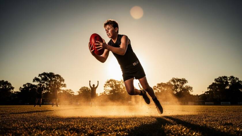 A wide-angle, action shot capturing dynamic sporting moments South Kingsville Victoria, showing a junior footballer mid-air making a spectacular mark against a backdrop of the South Kingsville Reserve at sunset, with dramatic lens flare.