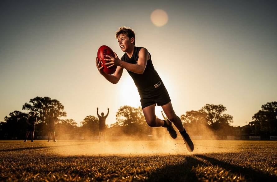 A wide-angle, action shot capturing dynamic sporting moments South Kingsville Victoria, showing a junior footballer mid-air making a spectacular mark against a backdrop of the South Kingsville Reserve at sunset, with dramatic lens flare.