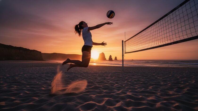 A dramatic wide-angle shot of a young athlete mid-air, scoring a goal during a twilight soccer match in Portland, Victoria, with the vibrant colours of the sunset over the coastline in the background, perfectly capturing dynamic youth sports moments Portland Victoria with professional lighting and cinematic colour grading.