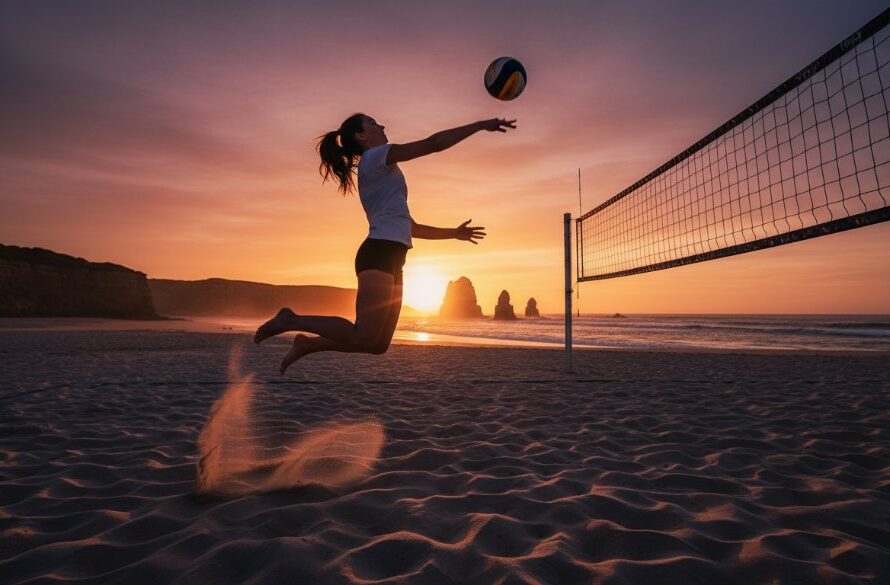 A dramatic wide-angle shot of a young athlete mid-air, scoring a goal during a twilight soccer match in Portland, Victoria, with the vibrant colours of the sunset over the coastline in the background, perfectly capturing dynamic youth sports moments Portland Victoria with professional lighting and cinematic colour grading.