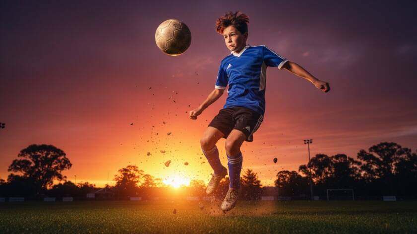 A thrilling close-up of a young soccer player in mid-air, scoring a goal during a match at a Scoresby sports oval, vividly capturing dynamic youth sports Scoresby Victoria with dramatic backlighting and a burst of motion.