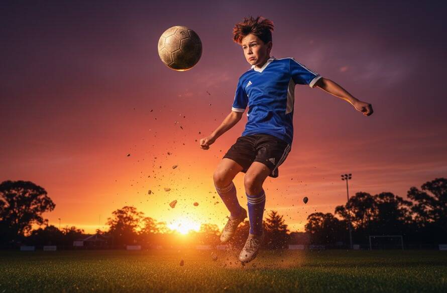 A thrilling close-up of a young soccer player in mid-air, scoring a goal during a match at a Scoresby sports oval, vividly capturing dynamic youth sports Scoresby Victoria with dramatic backlighting and a burst of motion.