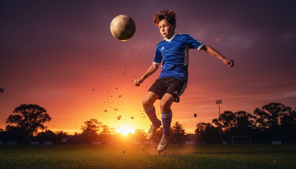 A thrilling close-up of a young soccer player in mid-air, scoring a goal during a match at a Scoresby sports oval, vividly capturing dynamic youth sports Scoresby Victoria with dramatic backlighting and a burst of motion.