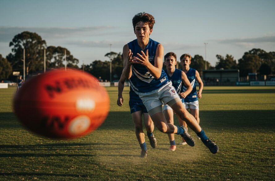 An epic moment in Wallan, Victoria, Australia, showcasing a young soccer player mid-kick, ball blurred with motion, under dramatic late afternoon sunlight, capturing dynamic youth sports Wallan photography with intense focus and emotional power. The background features Wallan's local oval, slightly out of focus.