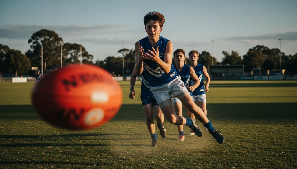 An epic moment in Wallan, Victoria, Australia, showcasing a young soccer player mid-kick, ball blurred with motion, under dramatic late afternoon sunlight, capturing dynamic youth sports Wallan photography with intense focus and emotional power. The background features Wallan's local oval, slightly out of focus.