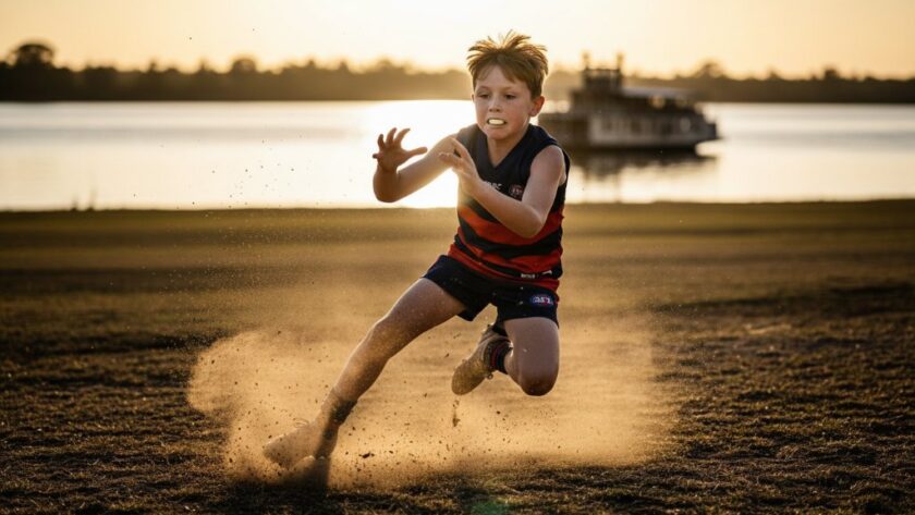 Dramatic, low-angle photograph capturing Echuca junior sport triumphs, showing a young Aussie Rules football player soaring for a mark against a golden sunset over the Murray River, celebrating a pivotal moment in the game.