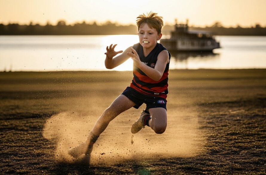Dramatic, low-angle photograph capturing Echuca junior sport triumphs, showing a young Aussie Rules football player soaring for a mark against a golden sunset over the Murray River, celebrating a pivotal moment in the game.