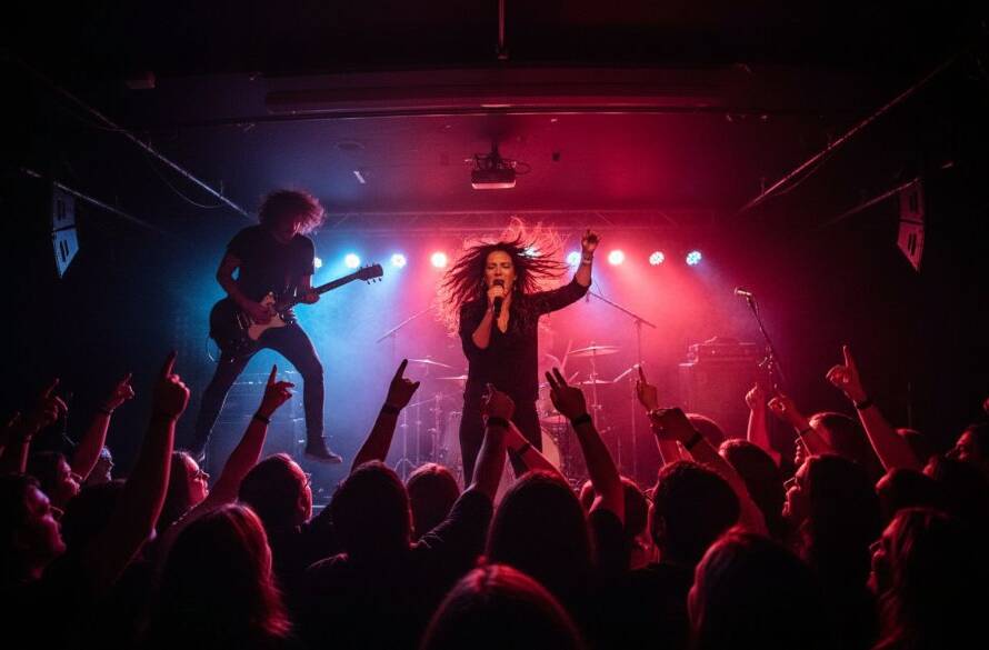 A dynamic wide shot of a band performing on stage at a vibrant Edithvale venue, illuminated by dramatic stage lights, with the lead singer mid-song, capturing Edithvale's live music vibes.
