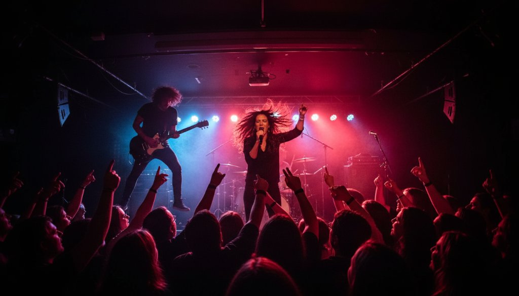 A dynamic wide shot of a band performing on stage at a vibrant Edithvale venue, illuminated by dramatic stage lights, with the lead singer mid-song, capturing Edithvale's live music vibes.