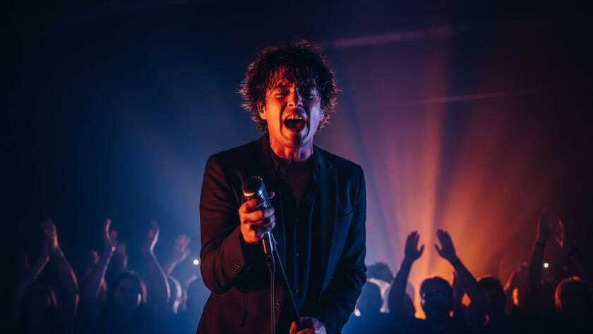 A dynamic close-up photograph Capturing Electric Live Music Moments Springvale South, showing a lead singer bathed in dramatic purple and blue stage lights, passionately performing, with the crowd's hands visible in the background, conveying intense energy and emotion.