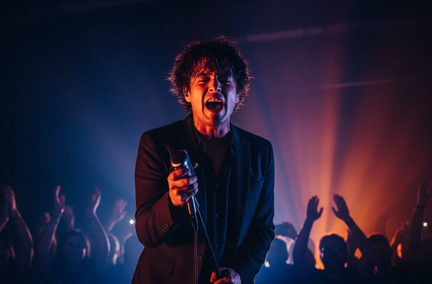 A dynamic close-up photograph Capturing Electric Live Music Moments Springvale South, showing a lead singer bathed in dramatic purple and blue stage lights, passionately performing, with the crowd's hands visible in the background, conveying intense energy and emotion.