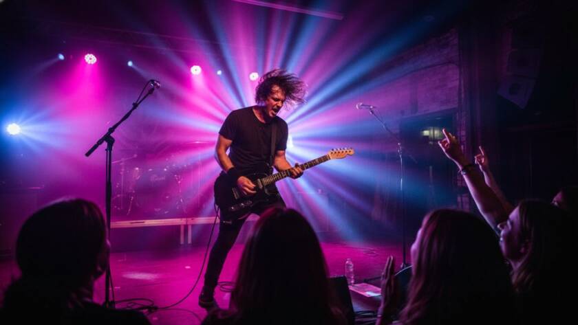Dynamic wide shot of a band performing under dramatic stage lighting, capturing electrifying concert photography Warrandyte South, with a crowd silhouetted against vibrant colours, conveying an epic moment of live music.