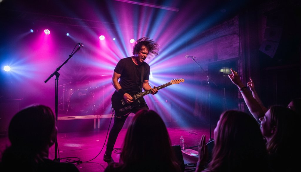 Dynamic wide shot of a band performing under dramatic stage lighting, capturing electrifying concert photography Warrandyte South, with a crowd silhouetted against vibrant colours, conveying an epic moment of live music.