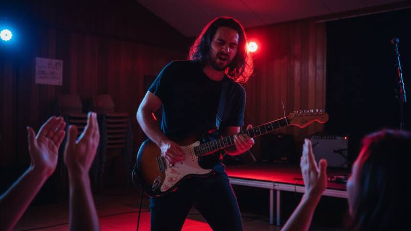 An electrifying wide shot capturing electrifying Koo Wee Rup live music moments at a local venue, with a lead guitarist in mid-solo, stage lights flaring, and the crowd silhouetted against vibrant colours, conveying the raw energy of a performance.