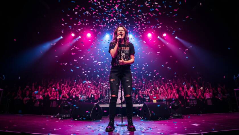 A wide-angle, dramatic shot of a lead guitarist mid-shred under vibrant stage lights, capturing electrifying live band photography Doncaster Victoria, with the crowd's energy palpable in the background.
