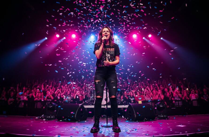 A wide-angle, dramatic shot of a lead guitarist mid-shred under vibrant stage lights, capturing electrifying live band photography Doncaster Victoria, with the crowd's energy palpable in the background.