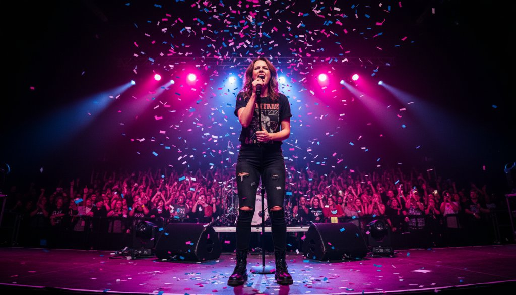 A wide-angle, dramatic shot of a lead guitarist mid-shred under vibrant stage lights, capturing electrifying live band photography Doncaster Victoria, with the crowd's energy palpable in the background.