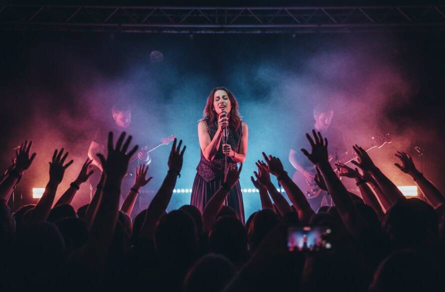 A wide-angle, dramatic shot capturing electrifying live music in Forest Hill Victoria, featuring a lead singer bathed in vibrant stage lights, mic in hand, passionately engaging with a cheering crowd, energy palpable.
