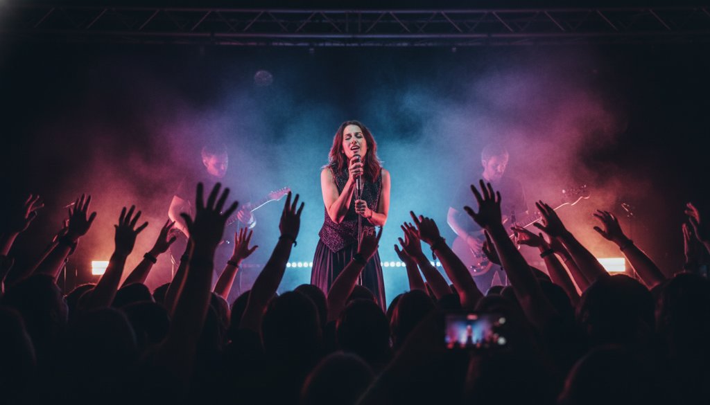 A wide-angle, dramatic shot capturing electrifying live music in Forest Hill Victoria, featuring a lead singer bathed in vibrant stage lights, mic in hand, passionately engaging with a cheering crowd, energy palpable.