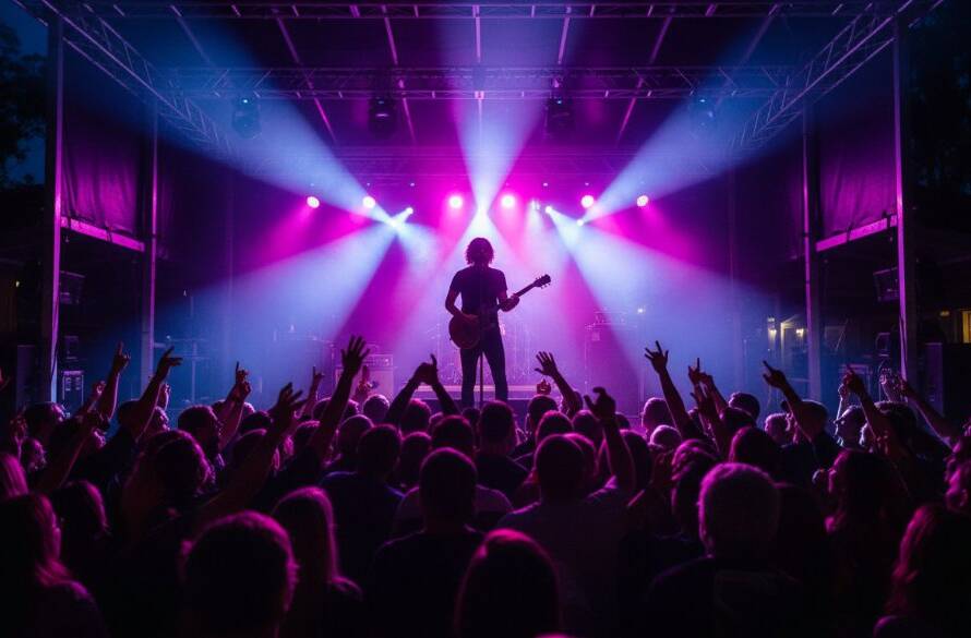 Dynamic wide shot capturing electrifying live music Park Orchards, featuring a passionate guitarist on stage under dramatic blue and purple stage lights, surrounded by an energetic, silhouetted crowd, conveying an epic concert moment.