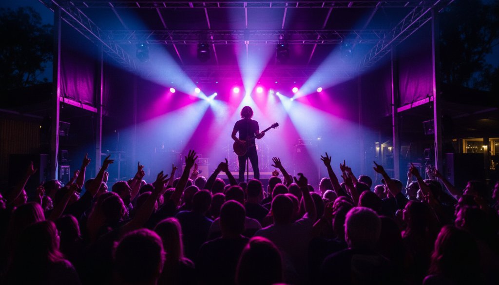 Dynamic wide shot capturing electrifying live music Park Orchards, featuring a passionate guitarist on stage under dramatic blue and purple stage lights, surrounded by an energetic, silhouetted crowd, conveying an epic concert moment.