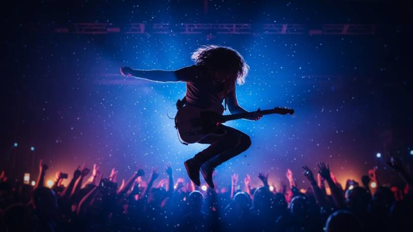 An epic moment of a lead singer silhouetted against vibrant stage lights, energetically performing at a bustling Doncaster East music venue, expertly captured through electrifying live music photography Doncaster East.