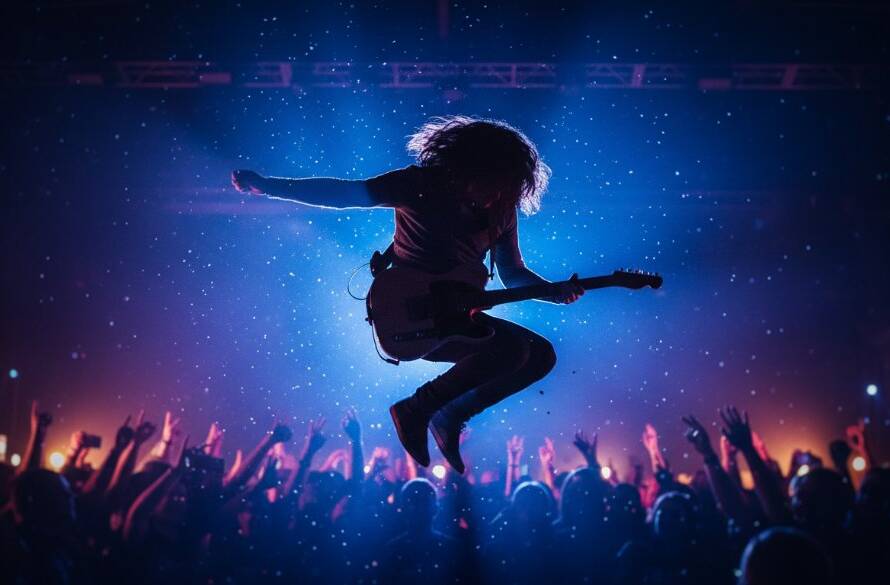 An epic moment of a lead singer silhouetted against vibrant stage lights, energetically performing at a bustling Doncaster East music venue, expertly captured through electrifying live music photography Doncaster East.