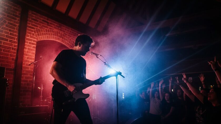 An epic moment of a lead singer silhouetted against vibrant stage lights, capturing electrifying live music Soldiers Hill Victoria, showcasing dynamic concert photography.
