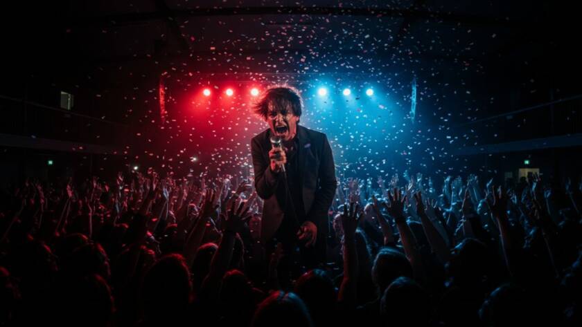 Dramatic wide shot of a band performing on stage under vibrant stage lights, capturing electrifying live music Wonga Park, with a silhouetted crowd raising hands in the foreground, showcasing an epic concert moment.