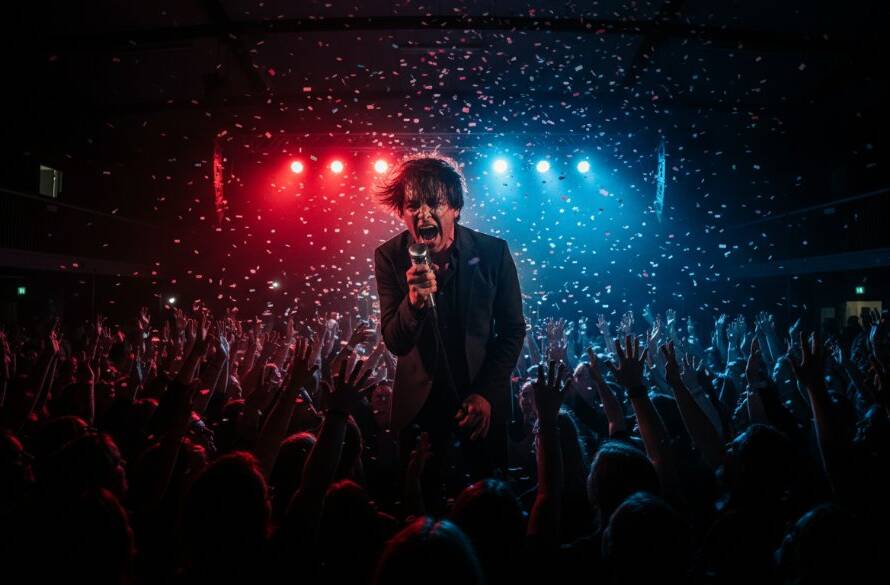 Dramatic wide shot of a band performing on stage under vibrant stage lights, capturing electrifying live music Wonga Park, with a silhouetted crowd raising hands in the foreground, showcasing an epic concert moment.
