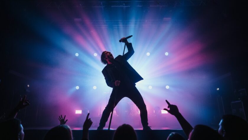 A wide shot capturing electrifying Wodonga live music moments on stage, featuring a lead singer bathed in dramatic magenta and blue stage lights, with a cheering crowd silhouetted in the foreground, conveying the intense energy of a rock concert in Wodonga, Victoria.