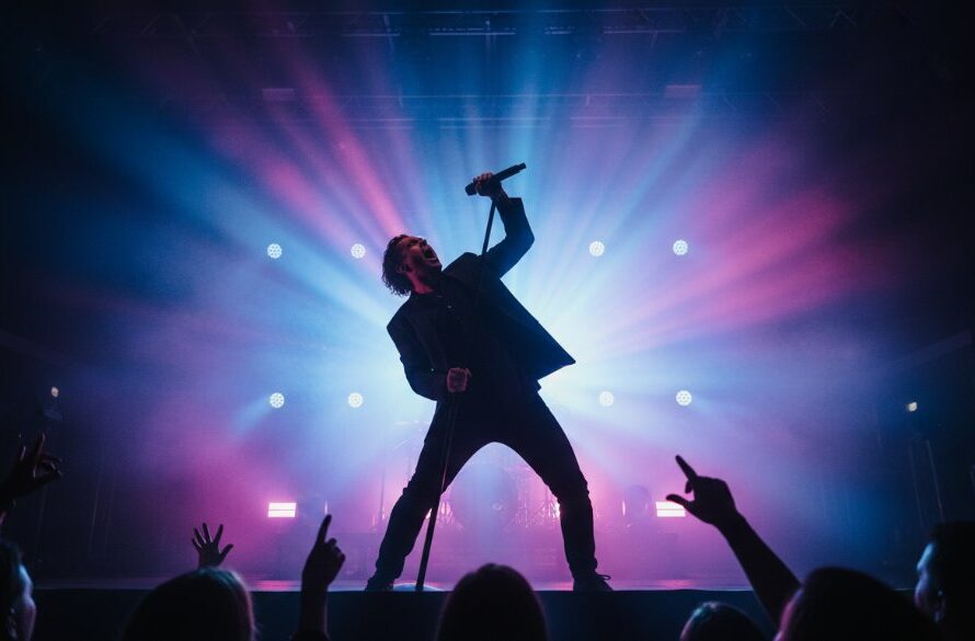 A wide shot capturing electrifying Wodonga live music moments on stage, featuring a lead singer bathed in dramatic magenta and blue stage lights, with a cheering crowd silhouetted in the foreground, conveying the intense energy of a rock concert in Wodonga, Victoria.