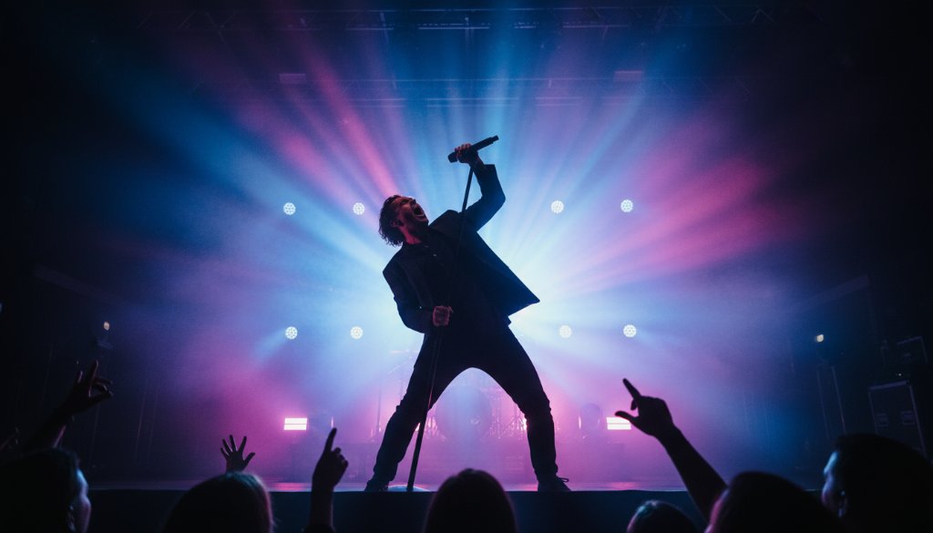 A wide shot capturing electrifying Wodonga live music moments on stage, featuring a lead singer bathed in dramatic magenta and blue stage lights, with a cheering crowd silhouetted in the foreground, conveying the intense energy of a rock concert in Wodonga, Victoria.