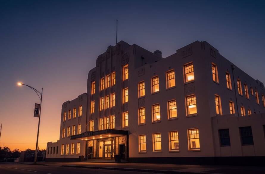 An epic moment photograph showcasing the intricate, sun-drenched facade of a classic Art Deco building in Elsternwick, with dramatic shadows and golden hour light highlighting its unique features, perfectly capturing Elsternwick's Art Deco architecture professionally.