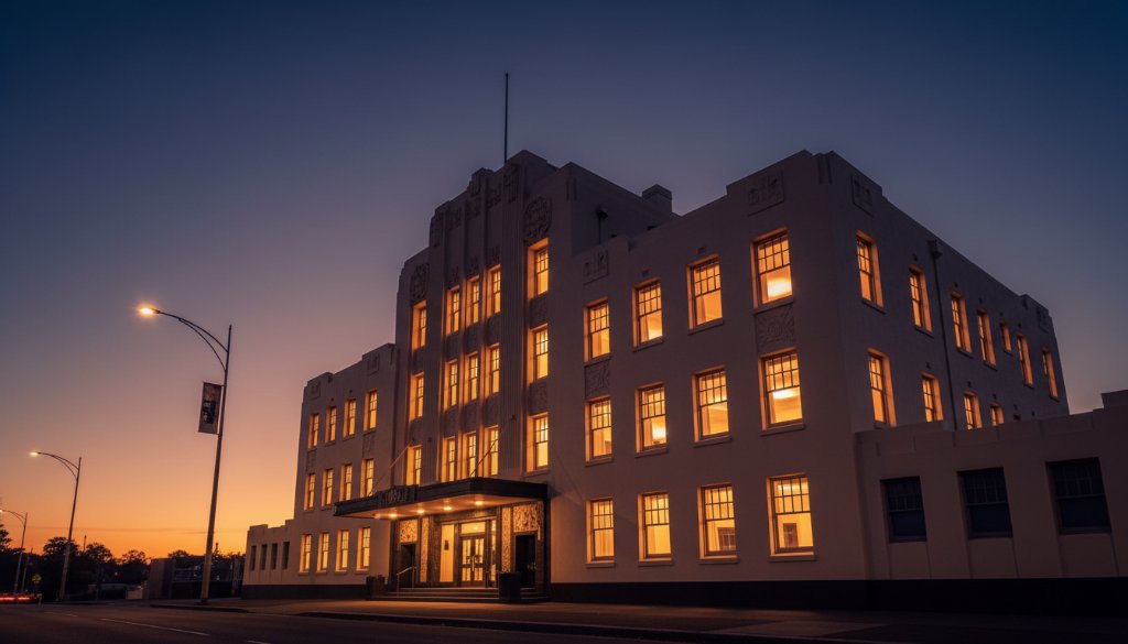 An epic moment photograph showcasing the intricate, sun-drenched facade of a classic Art Deco building in Elsternwick, with dramatic shadows and golden hour light highlighting its unique features, perfectly capturing Elsternwick's Art Deco architecture professionally.
