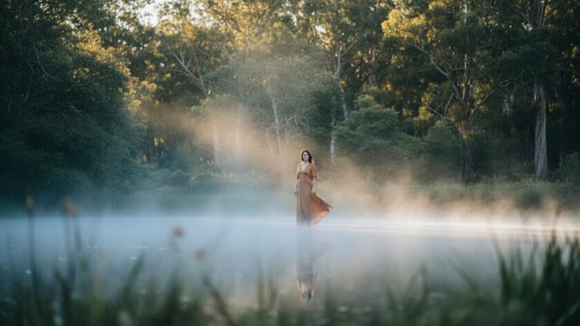 An epic, dramatic fine art photograph of a solitary woman in a flowing dress by the mist-shrouded mineral springs in Daylesford, Victoria, bathed in ethereal light, symbolising the emotional depth of capturing emotive fine art photographs in Daylesford's mineral springs.