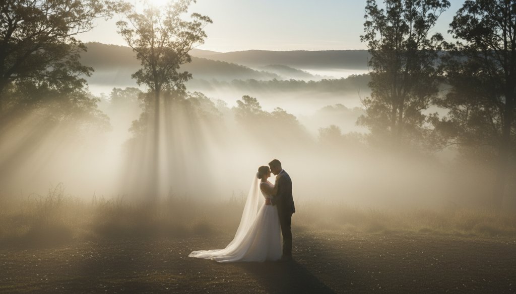 An emotionally charged wide shot of a newly married couple embracing passionately on a dramatic misty morning at Mount Macedon, with the sun just breaking through the clouds, expertly capturing enchanting Macedon wedding photography moments with professional colour grading.
