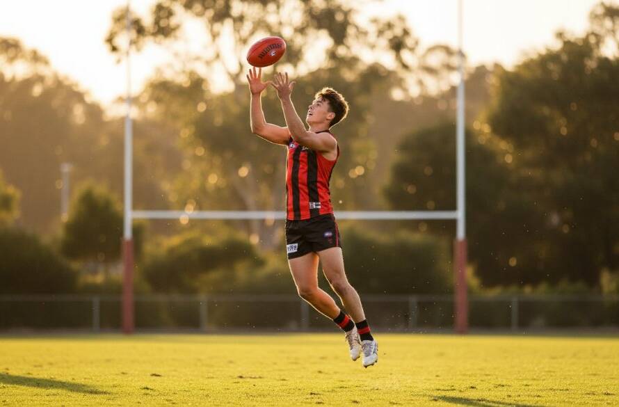 A thrilling, action-packed photograph of a young Australian Rules Football player kicking a goal with determination during a sunset game in Warrandyte, perfectly capturing epic junior sports photography Warrandyte moments under dramatic lighting.