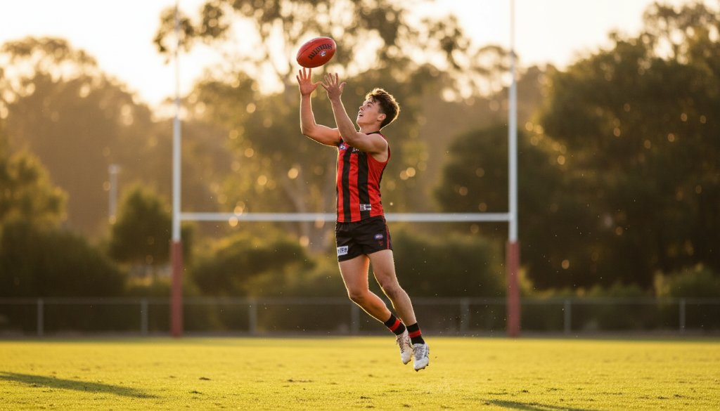 A thrilling, action-packed photograph of a young Australian Rules Football player kicking a goal with determination during a sunset game in Warrandyte, perfectly capturing epic junior sports photography Warrandyte moments under dramatic lighting.
