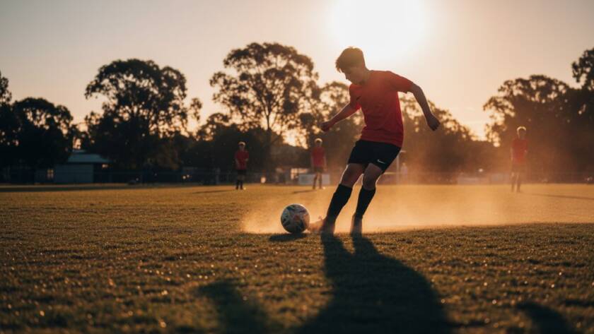 Dynamic wide-angle shot of a young soccer player in Rowville, mid-kick, under dramatic stadium lights at dusk, demonstrating the skill of capturing epic Rowville junior sports moments. The ball is in motion, dust is flying, and the athlete's focused expression is clear, with vibrant colours and a shallow depth of field.