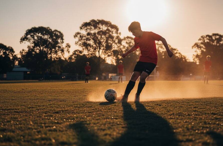 Dynamic wide-angle shot of a young soccer player in Rowville, mid-kick, under dramatic stadium lights at dusk, demonstrating the skill of capturing epic Rowville junior sports moments. The ball is in motion, dust is flying, and the athlete's focused expression is clear, with vibrant colours and a shallow depth of field.